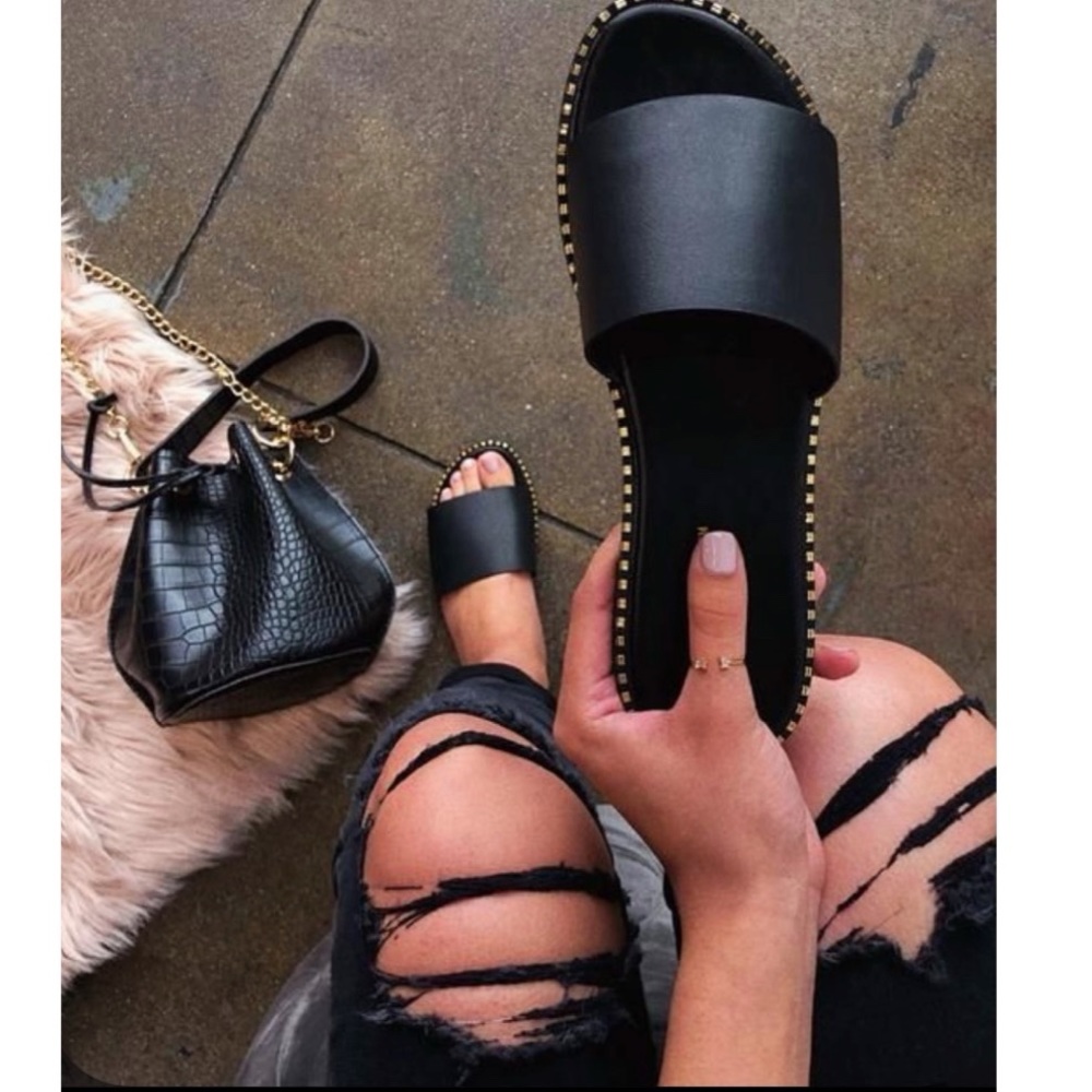 Black Slip On One Band Flat Sandals